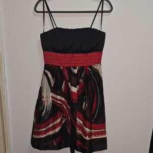 Max and Cleo Black Tan and Red Abstract Mini Dress Size 8